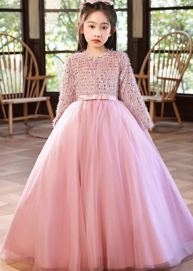 Fine Pink O-Neck Patchwork Tulle Girls Maxi Dress Winter