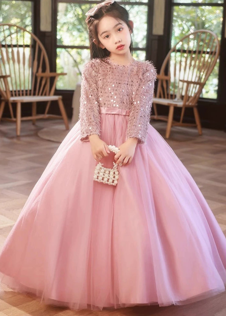 Fine Pink O-Neck Patchwork Tulle Girls Maxi Dress Winter