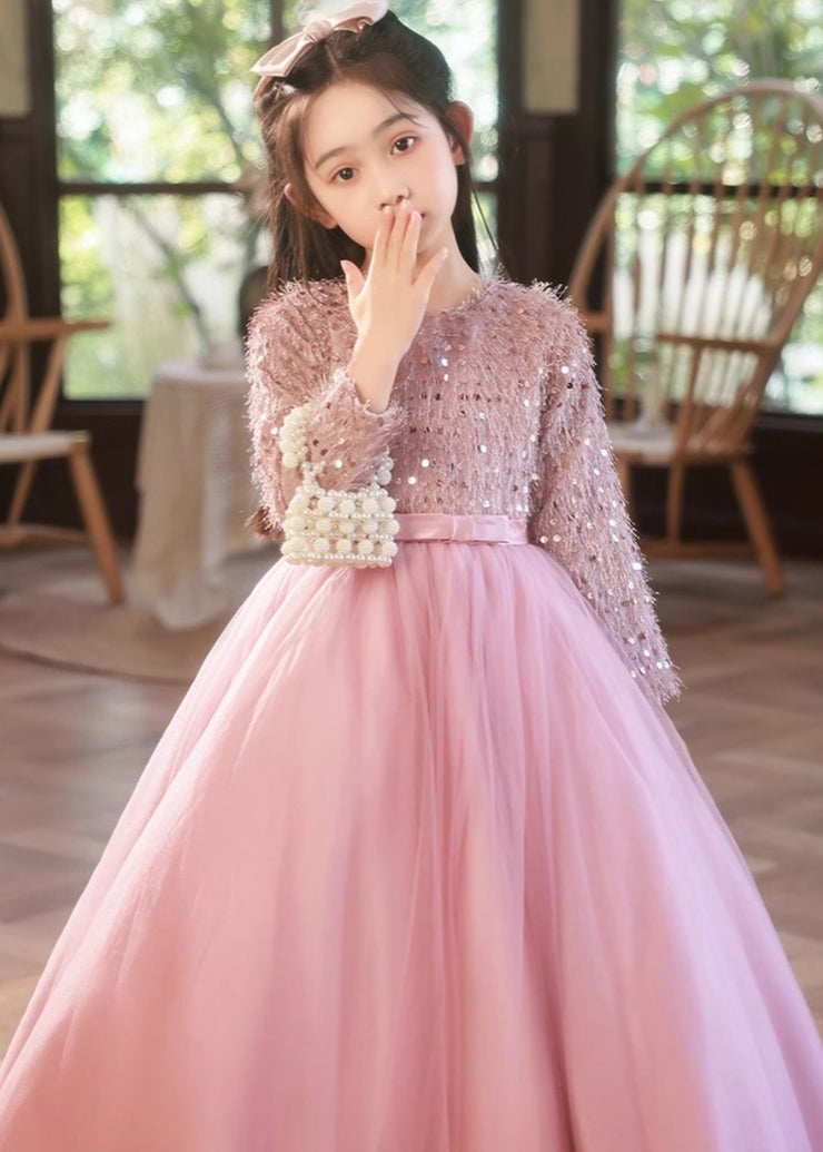 Fine Pink O-Neck Patchwork Tulle Girls Maxi Dress Winter