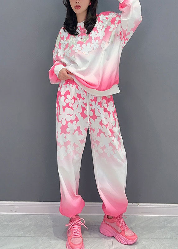 Fine Pink O-Neck Print Patchwork Cotton Two Piece Suit Set Long Sleeve