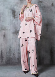 Fine Pink Panda Print Jacquard Silk Oriental Two Piece Set Summer