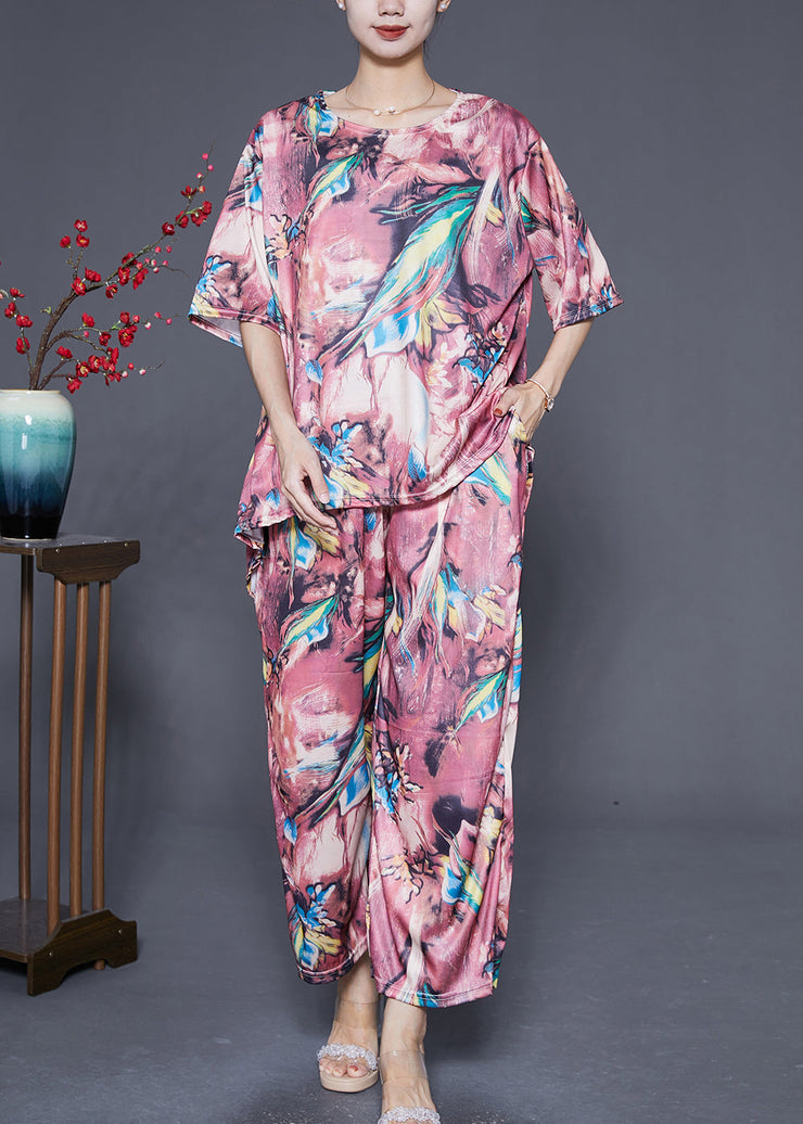 Fine Pink Print Low High Design Chiffon Two Pieces Set Summer