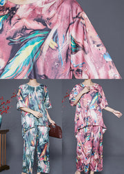 Fine Pink Print Low High Design Chiffon Two Pieces Set Summer