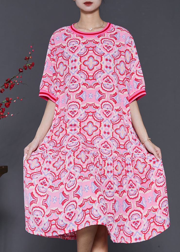 Fine Pink Print Ruffles Chiffon Long Dresses Summer