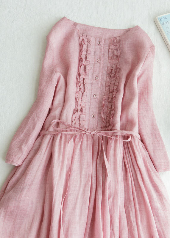 Fine Pink Ruffled Tie Waist Patchwork Linen Dress Summer