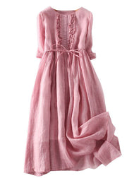 Fine Pink Ruffled Tie Waist Patchwork Linen Dress Summer