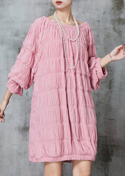 Fine Pink Slash Neck Wrinkled Cotton Mid Dress Spring