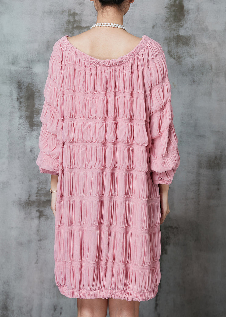 Fine Pink Slash Neck Wrinkled Cotton Mid Dress Spring