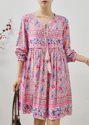 Fine Pink Tasseled Print Cotton Beach Dresses Fall