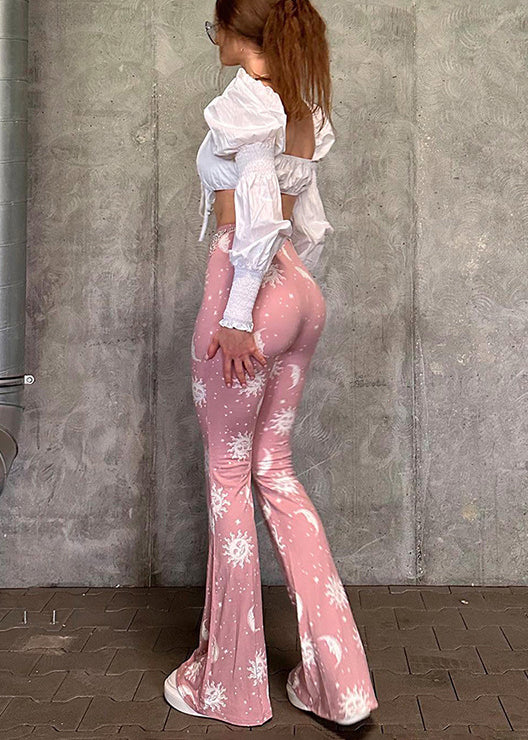 Fine Pink Tummy Control Print Flared Trousers Spring