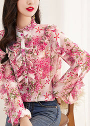 Fine Pink Turtleneck Print Button Chiffon Top Long Sleeve