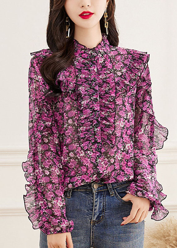 Fine Pink Turtleneck Print Button Chiffon Top Long Sleeve