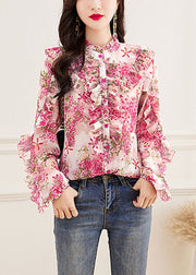 Fine Pink Turtleneck Print Button Chiffon Top Long Sleeve