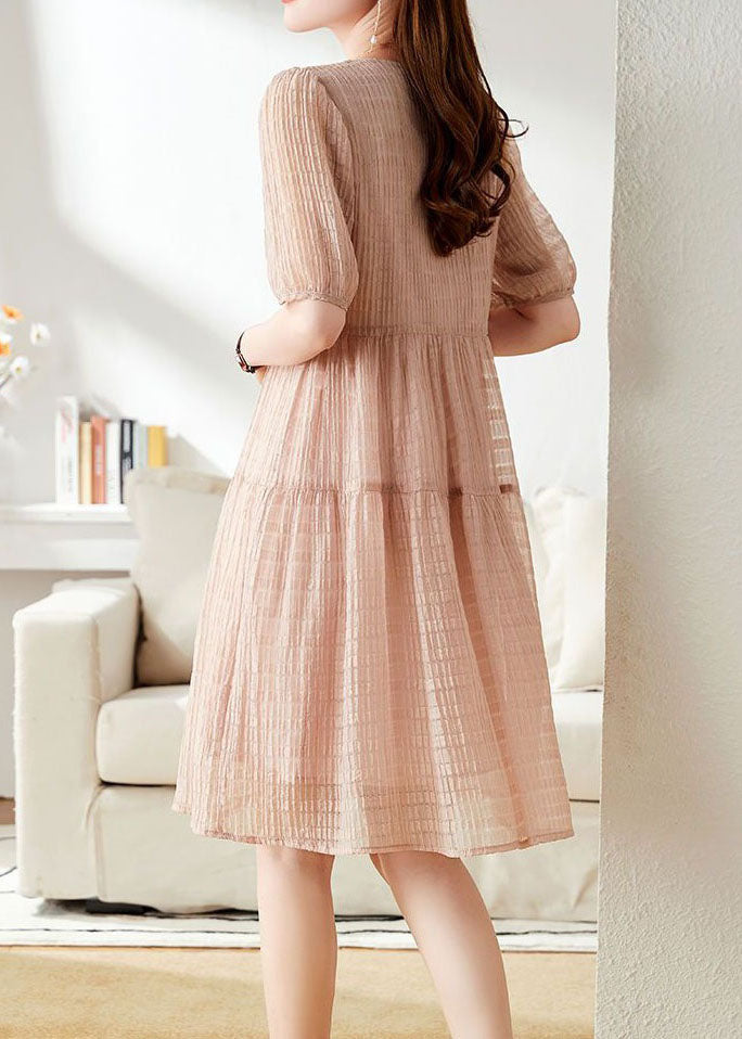 Fine Pink V Neck Wrinkled Nail Bead Patchwork Chiffon Mid Dress Summer