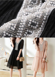 Fine Pink V Neck Wrinkled Nail Bead Patchwork Chiffon Mid Dress Summer