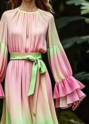 Fine Pink Wrinkled Tie Waist Silk Maxi Dresses Long Sleeve