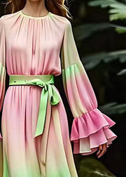 Fine Pink Wrinkled Tie Waist Silk Maxi Dresses Long Sleeve