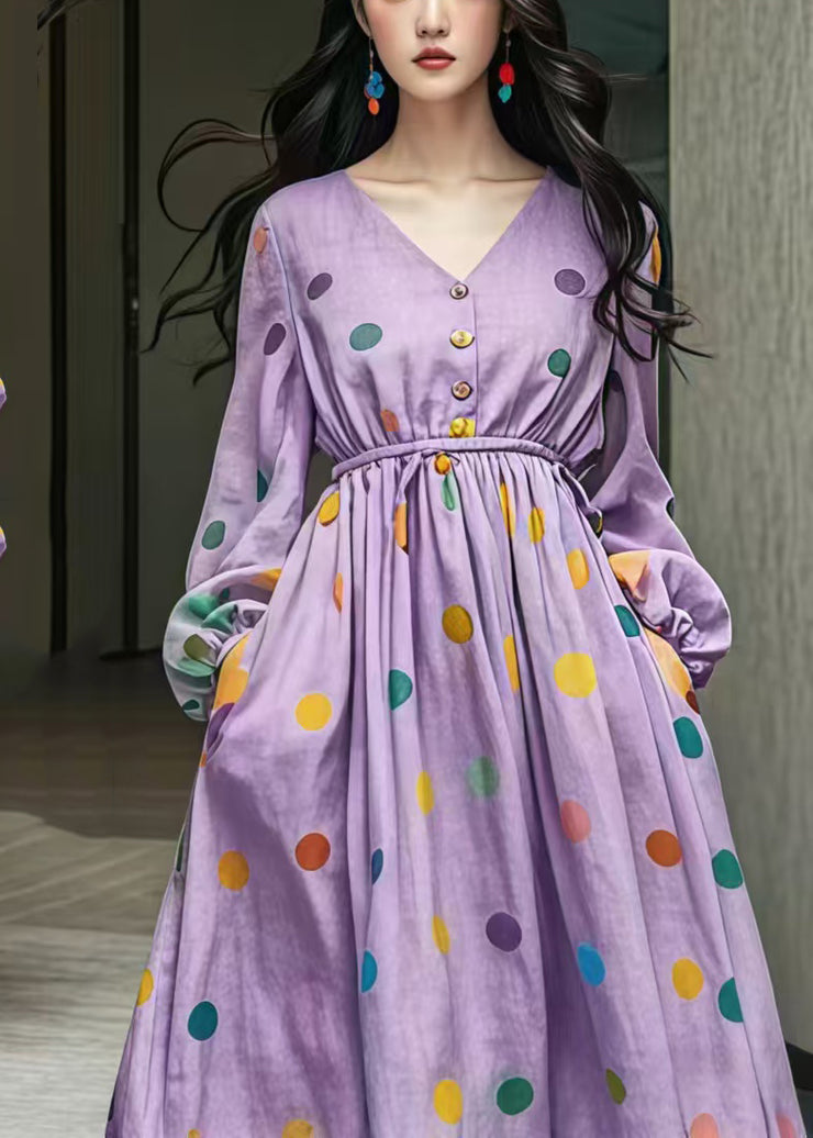 Fine Purple Cinched Print Exra Large Hem Cotton Dress Fall