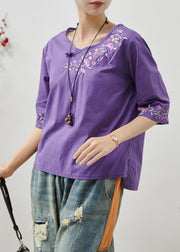 Fine Purple Embroidered Cotton Shirt Tops Half Sleeve