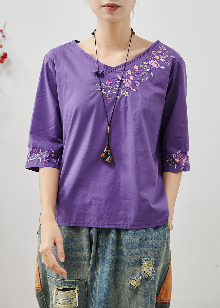 Fine Purple Embroidered Cotton Shirt Tops Half Sleeve