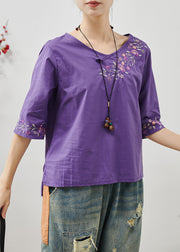 Fine Purple Embroidered Cotton Shirt Tops Half Sleeve