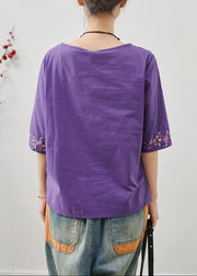 Fine Purple Embroidered Cotton Shirt Tops Half Sleeve