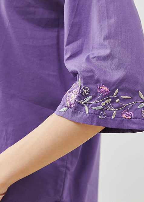 Fine Purple Embroidered Cotton Shirt Tops Half Sleeve