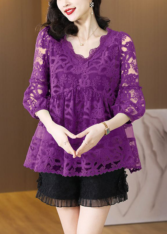 Fine Purple Embroideried Hollow Out Tulle Top Bracelet Sleeve