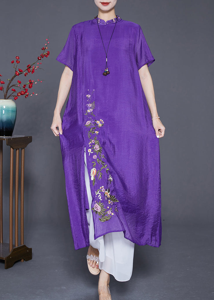 Fine Purple Embroidered Side Open Linen Silk Dresses Summer