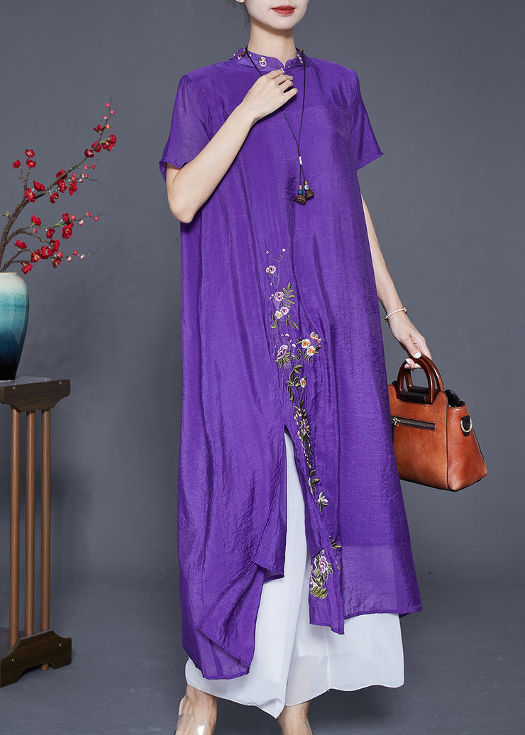 Fine Purple Embroidered Side Open Linen Silk Dresses Summer