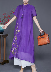 Fine Purple Embroidered Side Open Linen Silk Dresses Summer