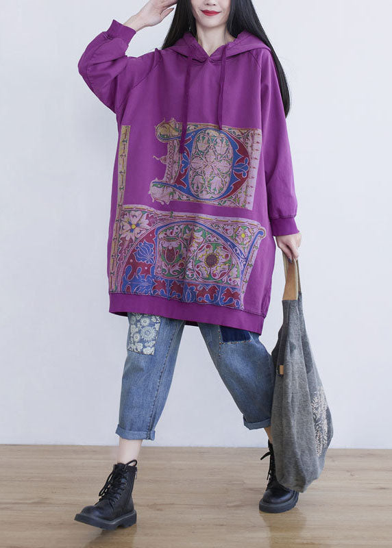 Fine Purple Hooded Print Cotton Mid Dress Spring