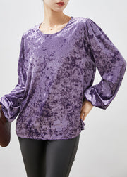 Fine Purple O-Neck Oversized Silk Velour Shirts Spring