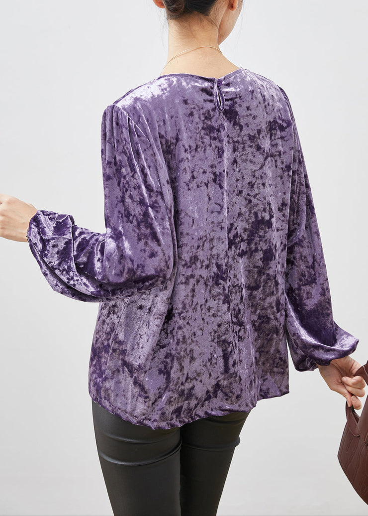 Fine Purple O-Neck Oversized Silk Velour Shirts Spring