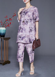 Fine Purple Oversized Print Linen Silk Two Pieces Set Summer