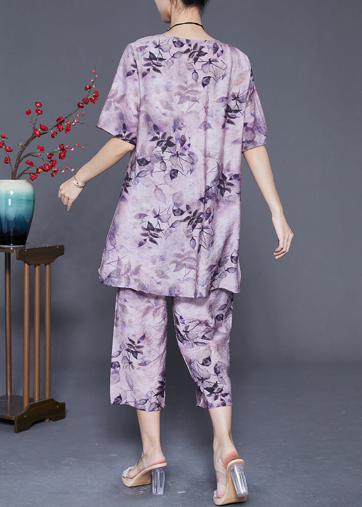 Fine Purple Oversized Print Linen Silk Two Pieces Set Summer