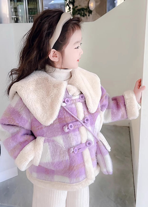 Fine Purple Peter Pan Collar Pockets Plaid Kids Fuzzy Fur Coats Winter