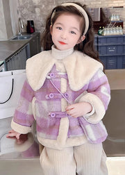 Fine Purple Peter Pan Collar Pockets Plaid Kids Fuzzy Fur Coats Winter