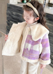 Fine Purple Peter Pan Collar Pockets Plaid Kids Fuzzy Fur Coats Winter