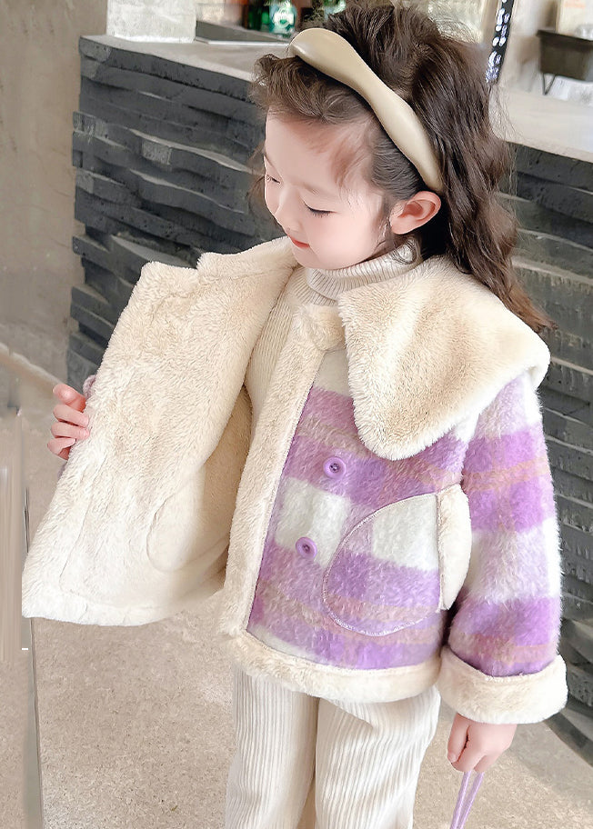 Fine Purple Peter Pan Collar Pockets Plaid Kids Fuzzy Fur Coats Spring