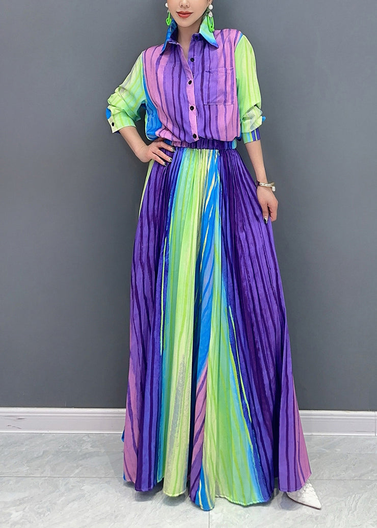 Fine Purple Peter Pan Collar Striped Shirts And Maxi Skirts Two Pieces Set Fall