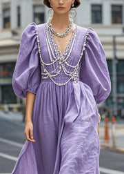 Fine Purple Puff Sleeve Chain Linked Cotton Ankle Dress Summer