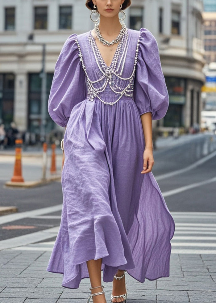 Fine Purple Puff Sleeve Chain Linked Cotton Ankle Dress Summer