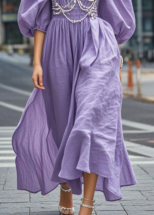 Fine Purple Puff Sleeve Chain Linked Cotton Ankle Dress Summer