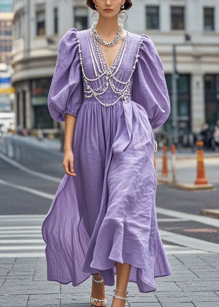 Fine Purple Puff Sleeve Chain Linked Cotton Ankle Dress Summer