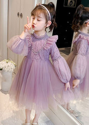 Fine Purple Ruffled Lace PatchworkNail Bead Tulle Girls Maxi Dresses Fall