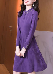 Fine Purple Ruffled Patchwork Cotton Knit Mid Sweaters Dress Spring