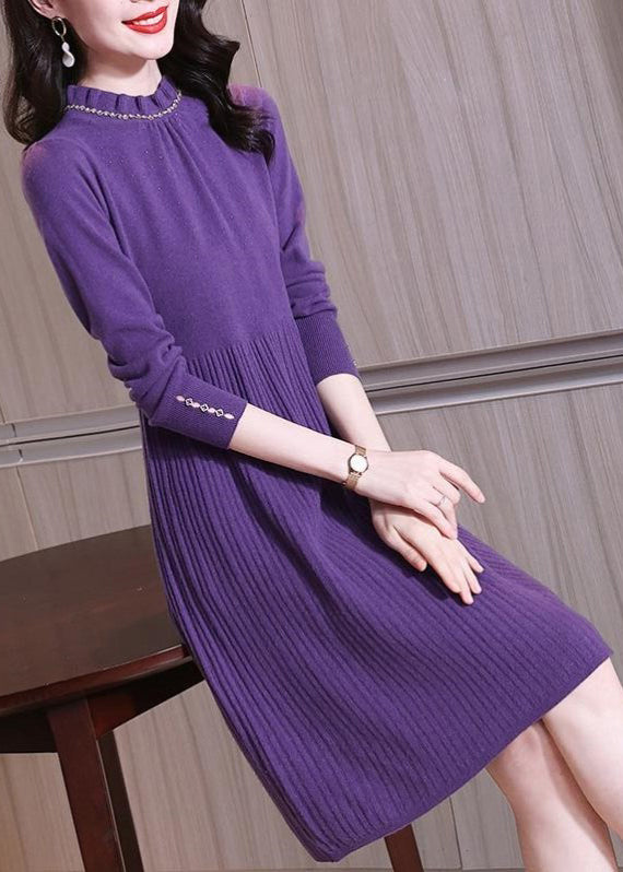 Fine Purple Ruffled Patchwork Cotton Knit Mid Sweaters Dress Spring