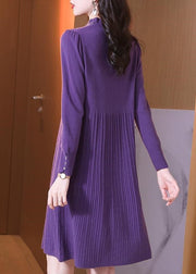 Fine Purple Ruffled Patchwork Cotton Knit Mid Sweaters Dress Spring