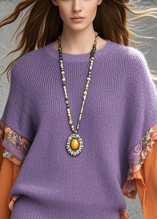 Fine Purple Ruffled Patchwork Knitted Tops Fall